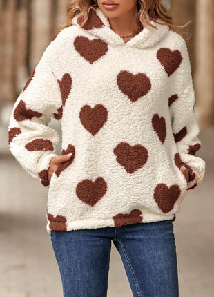 Fuzzy Heart Pocketed Dropped Shoulder Hoodie - MimiStylez