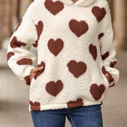Fuzzy Heart Pocketed Dropped Shoulder Hoodie - MimiStylez