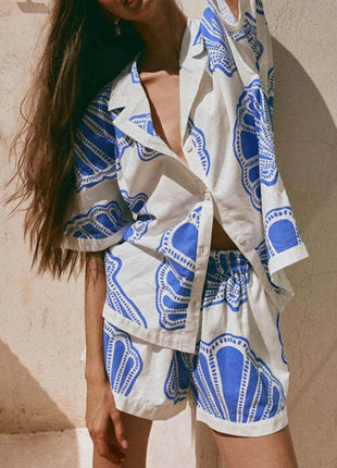 Printed Button Up Shirt and Shorts Set - MimiStylez