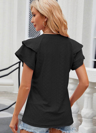 Eyelet Notched Flutter Sleeve T-Shirt - MimiStylez