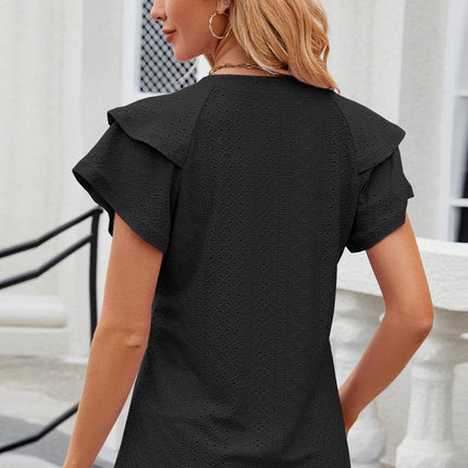 Eyelet Notched Flutter Sleeve T-Shirt - MimiStylez