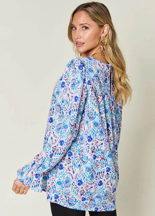 Double Take Full Size Printed Flounce Sleeve Blouse - MimiStylez