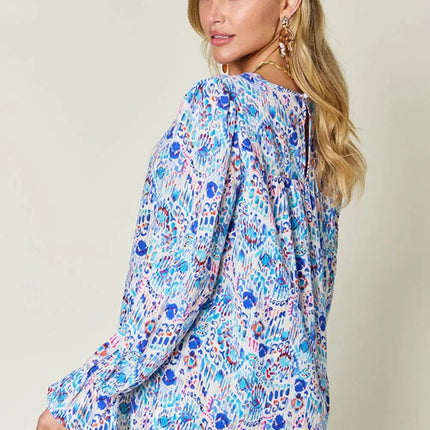 Double Take Full Size Printed Flounce Sleeve Blouse - MimiStylez