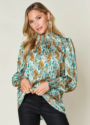 Double Take Full Size Printed Smocked Long Sleeve Blouse - MimiStylez