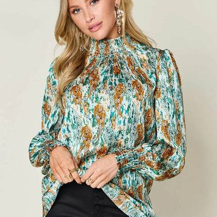 Double Take Full Size Printed Smocked Long Sleeve Blouse - MimiStylez