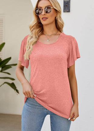 Smocked Round Neck Flutter Sleeve T-Shirt - MimiStylez