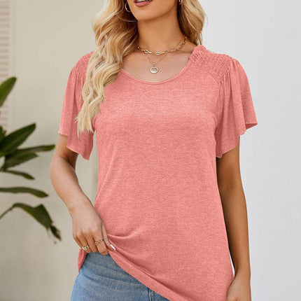 Smocked Round Neck Flutter Sleeve T-Shirt - MimiStylez