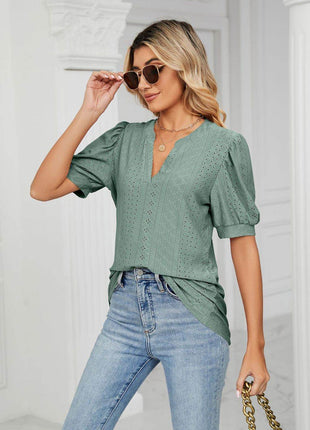 Eyelet Short Puff Sleeve Notched Neck Top - MimiStylez