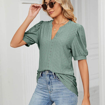 Eyelet Short Puff Sleeve Notched Neck Top - MimiStylez