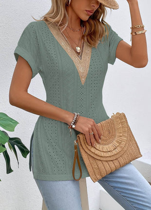 Slit Eyelet V-Neck Short Sleeve Blouse - MimiStylez