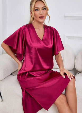 Satin Flutter Sleeve Side Slit V-Neck Night Dress - MimiStylez