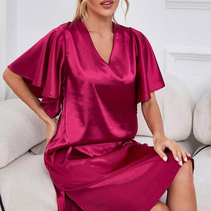 Satin Flutter Sleeve Side Slit V-Neck Night Dress - MimiStylez