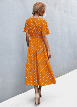 Printed V-Neck Flutter Sleeve Belted Dress - MimiStylez