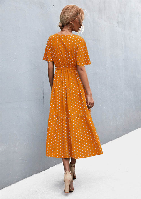 Printed V-Neck Flutter Sleeve Belted Dress - MimiStylez