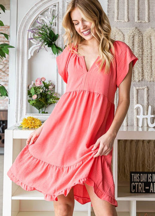 Reborn J Ruffled Notched Cap Sleeve Dress - MimiStylez