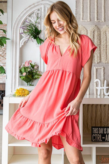 Reborn J Ruffled Notched Cap Sleeve Dress - MimiStylez