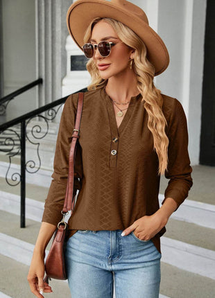 Notched Neck Long Sleeve Buttoned Blouse - MimiStylez