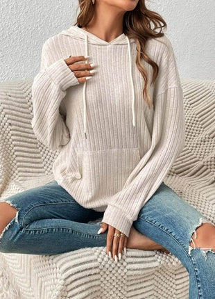 Ribbed Dropped Shoulder Drawstring Hoodie - MimiStylez