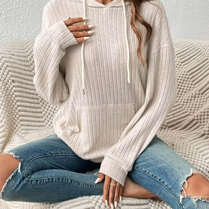 Ribbed Dropped Shoulder Drawstring Hoodie - MimiStylez
