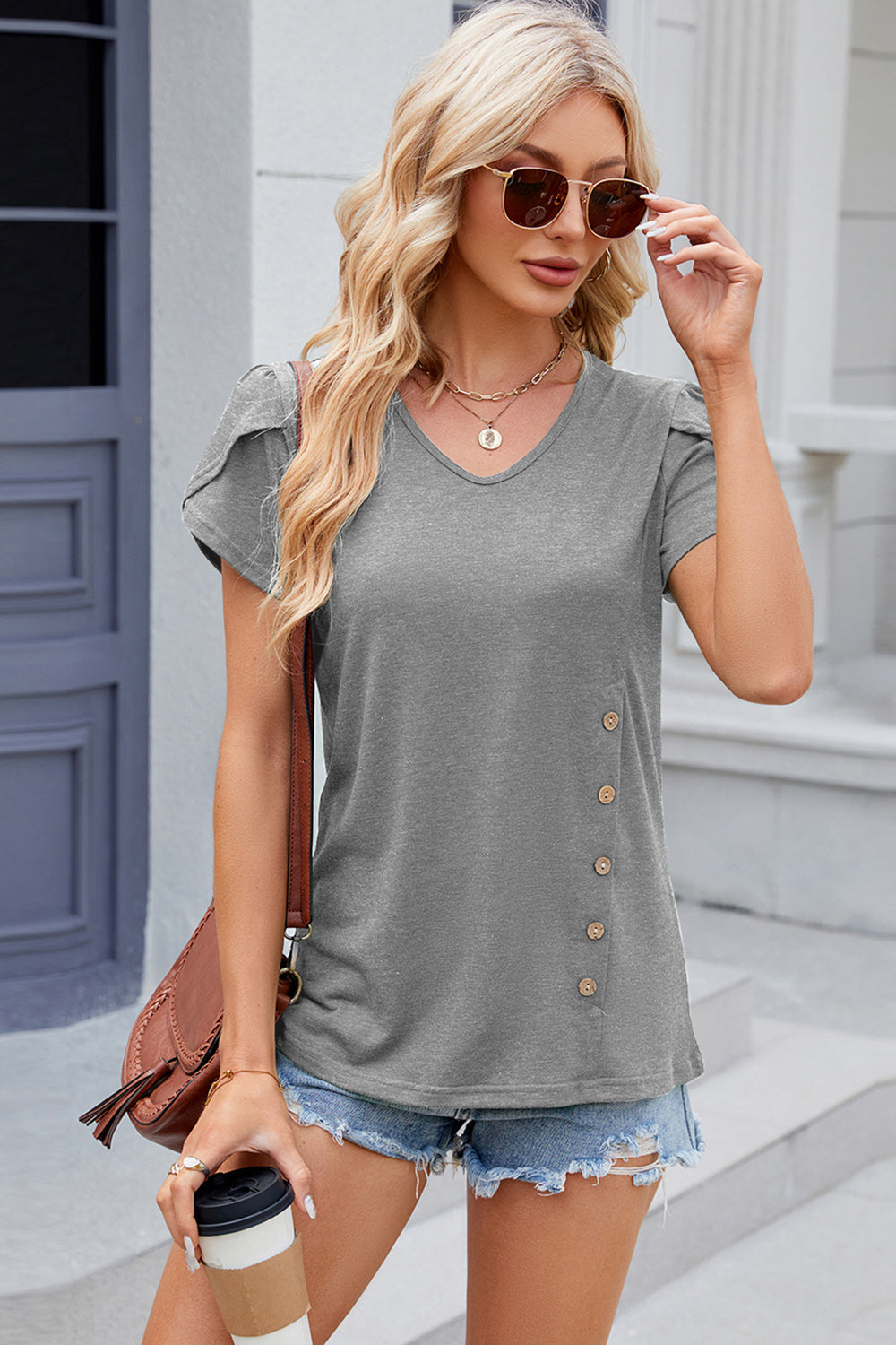 V-Neck Petal Sleeve T-Shirt