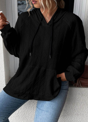 Textured Drawstring Kangaroo Pocket Hoodie - MimiStylez