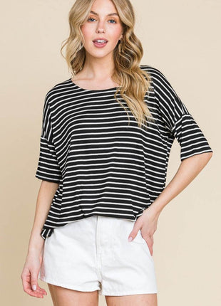 BOMBOM Striped Round Neck T-Shirt - MimiStylez