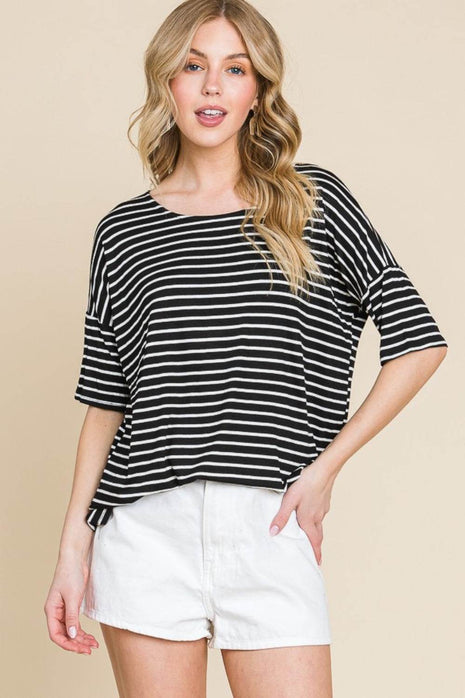 BOMBOM Striped Round Neck T-Shirt - MimiStylez