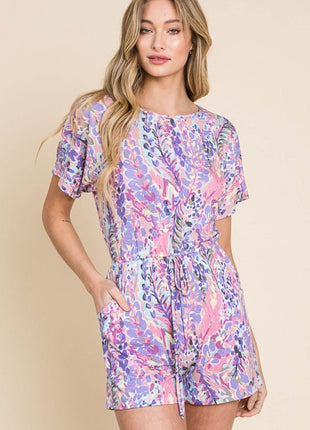BOMBOM Print Short Sleeve Romper with Pockets - MimiStylez