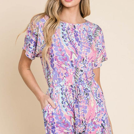 BOMBOM Print Short Sleeve Romper with Pockets - MimiStylez