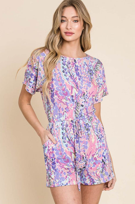 BOMBOM Print Short Sleeve Romper with Pockets - MimiStylez