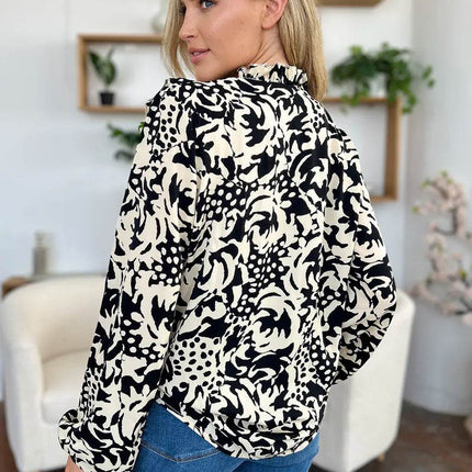 Double Take Full Size Printed Ruffle Trim Balloon Sleeve Shirt - MimiStylez