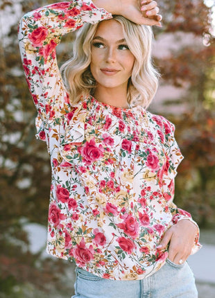 Floral Round Neck Smocked Blouse - MimiStylez