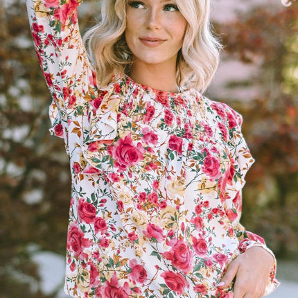 Floral Round Neck Smocked Blouse - MimiStylez