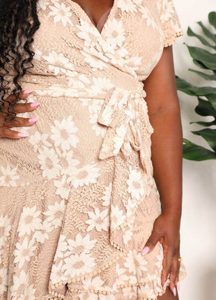 Double Take Floral Lace Pompom Detail Tie-Waist Flutter Sleeve Dress - MimiStylez