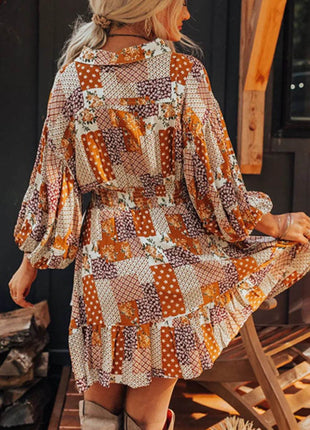 Printed Collared Neck Three-Quarter Sleeve Mini Shirt Dress - MimiStylez