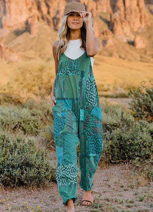 Full Size Printed V-Neck Sleeveless Jumpsuit - MimiStylez