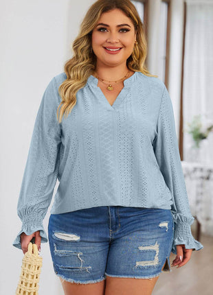 Plus Size Eyelet Notched Flounce Sleeve Blouse - MimiStylez