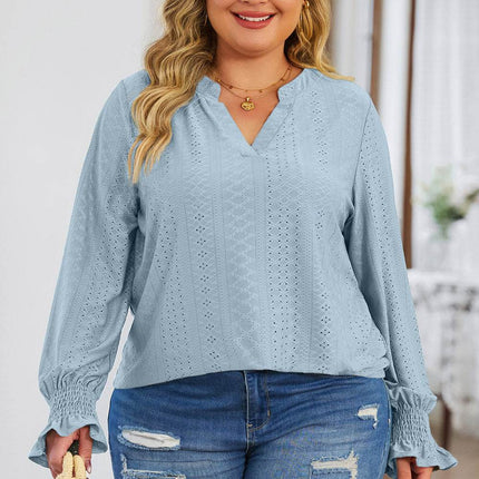 Plus Size Eyelet Notched Flounce Sleeve Blouse - MimiStylez