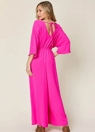 Double Take Full Size Surplice Wide Leg Jumpsuit with Pockets - MimiStylez