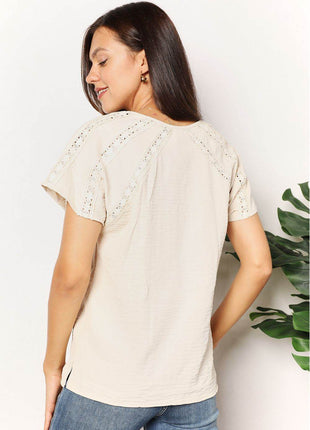 Double Take Crochet Buttoned Short Sleeves Top - MimiStylez