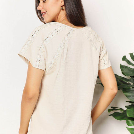 Double Take Crochet Buttoned Short Sleeves Top - MimiStylez