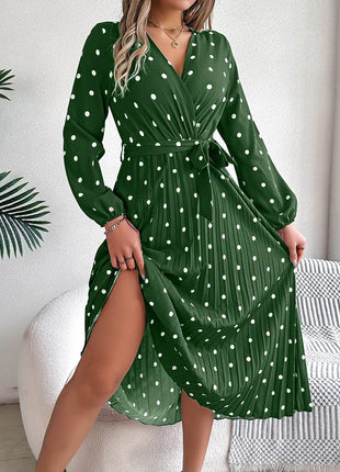 Tied Polka Dot Long Sleeve Midi Dress - MimiStylez