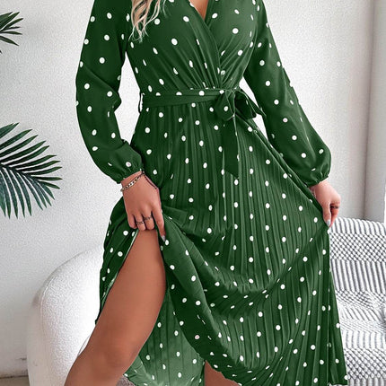 Tied Polka Dot Long Sleeve Midi Dress - MimiStylez