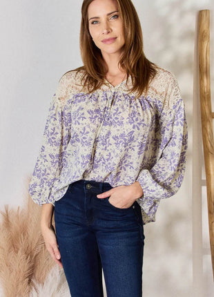 Hailey & Co Full Size Lace Detail Printed Blouse - MimiStylez