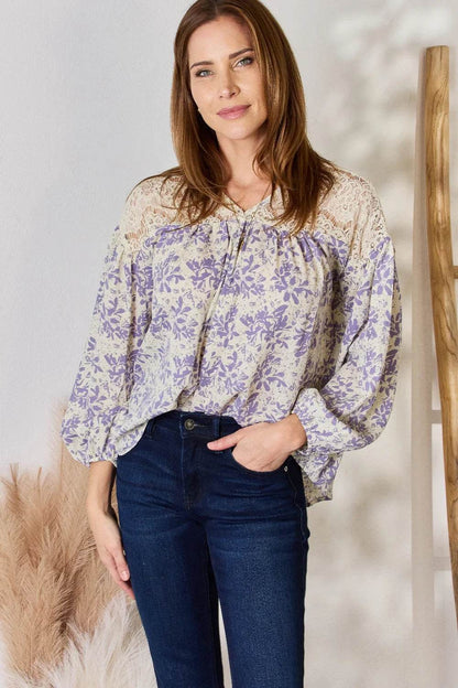 Hailey & Co Full Size Lace Detail Printed Blouse - MimiStylez
