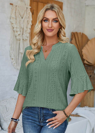 Eyelet Notched Half Sleeve T-Shirt - MimiStylez
