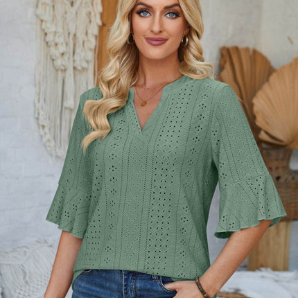 Eyelet Notched Half Sleeve T-Shirt - MimiStylez