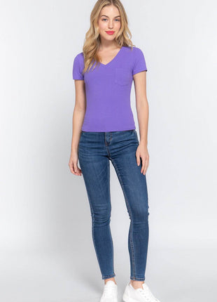 ACTIVE BASIC V-Neck Ribbed Short Sleeve Knit T-Shirt - MimiStylez