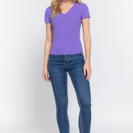 ACTIVE BASIC V-Neck Ribbed Short Sleeve Knit T-Shirt - MimiStylez