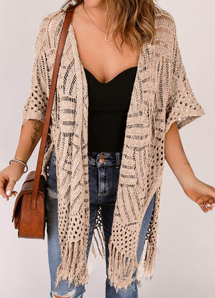 Openwork Open Front Cardigan with Fringes - MimiStylez